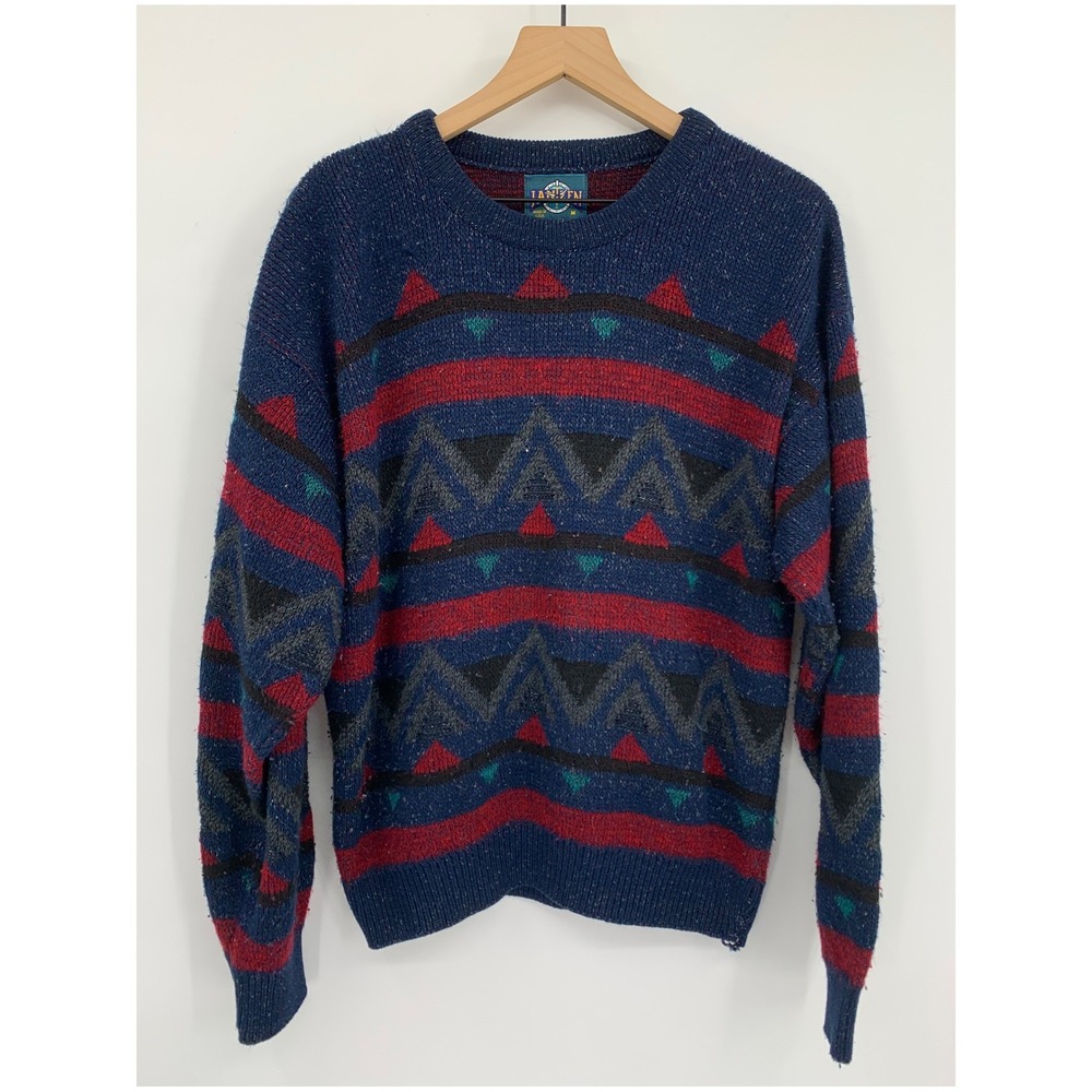 Vintage Jantzen Sweater Mens Medium Blue Aztec Geometric Knit 90s Made USA